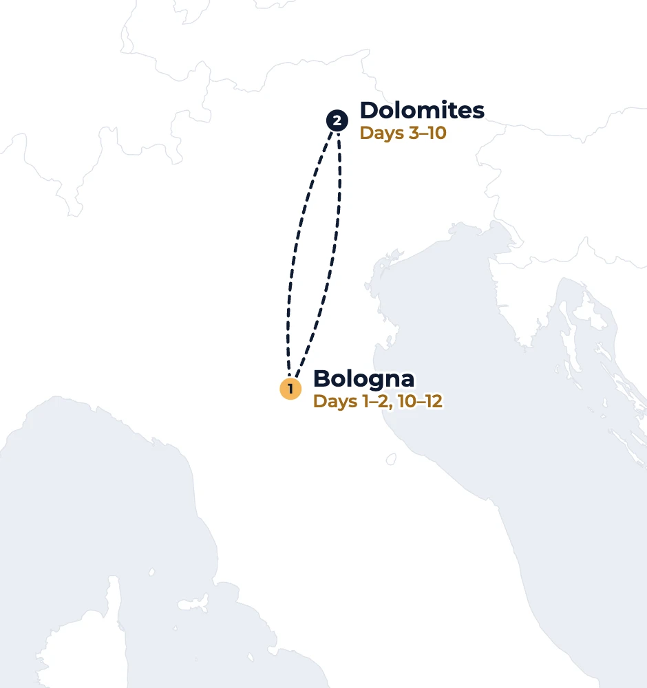 Play & Travel route map: Bologna and the Dolomites