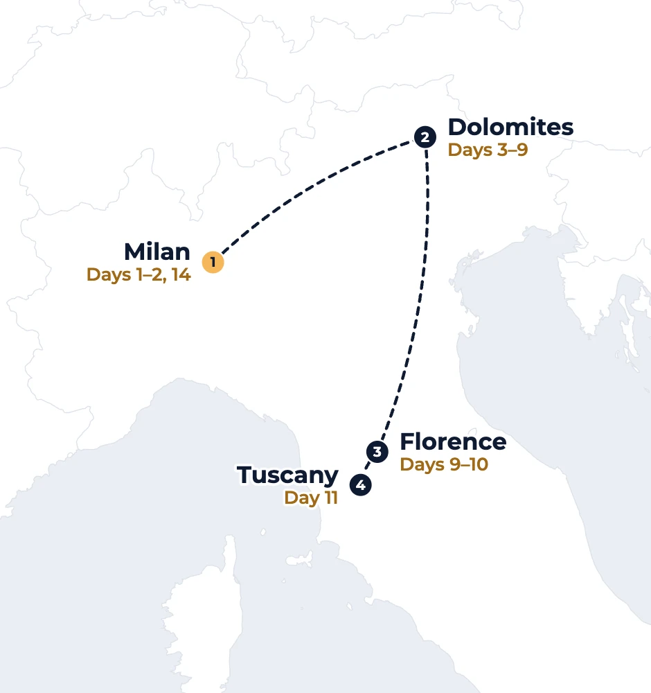 Play & Travel Extended route map: Milan, the Dolomites, Florence and Tuscany