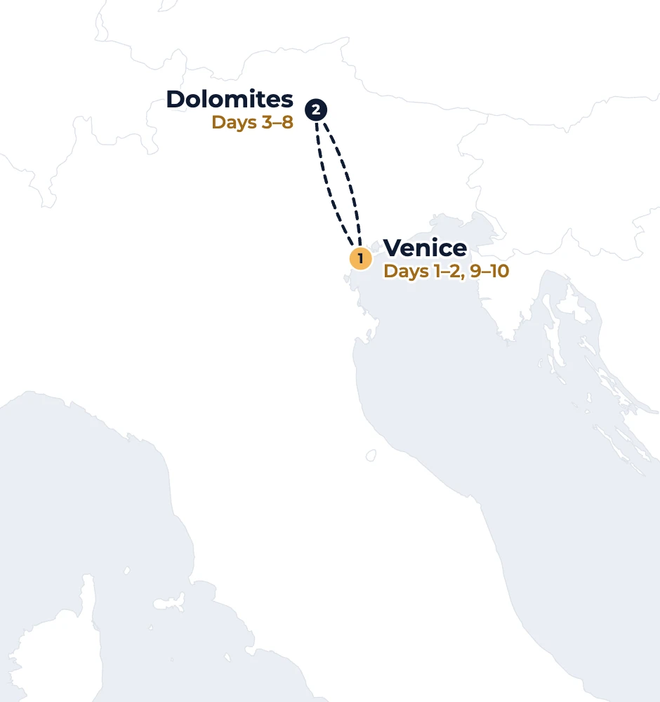 Sport Camp Extended route map: Venice and the Dolomites