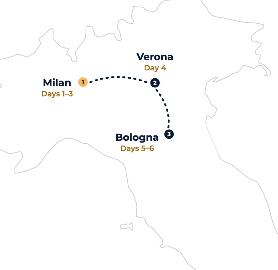 Sport Week Classic route map: Milan (days 1-3), Verona (day 4), Bologna (days 5-6)