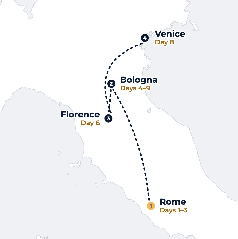 Sport Week Extended route map across Rome, Bologna, Florence and Venice