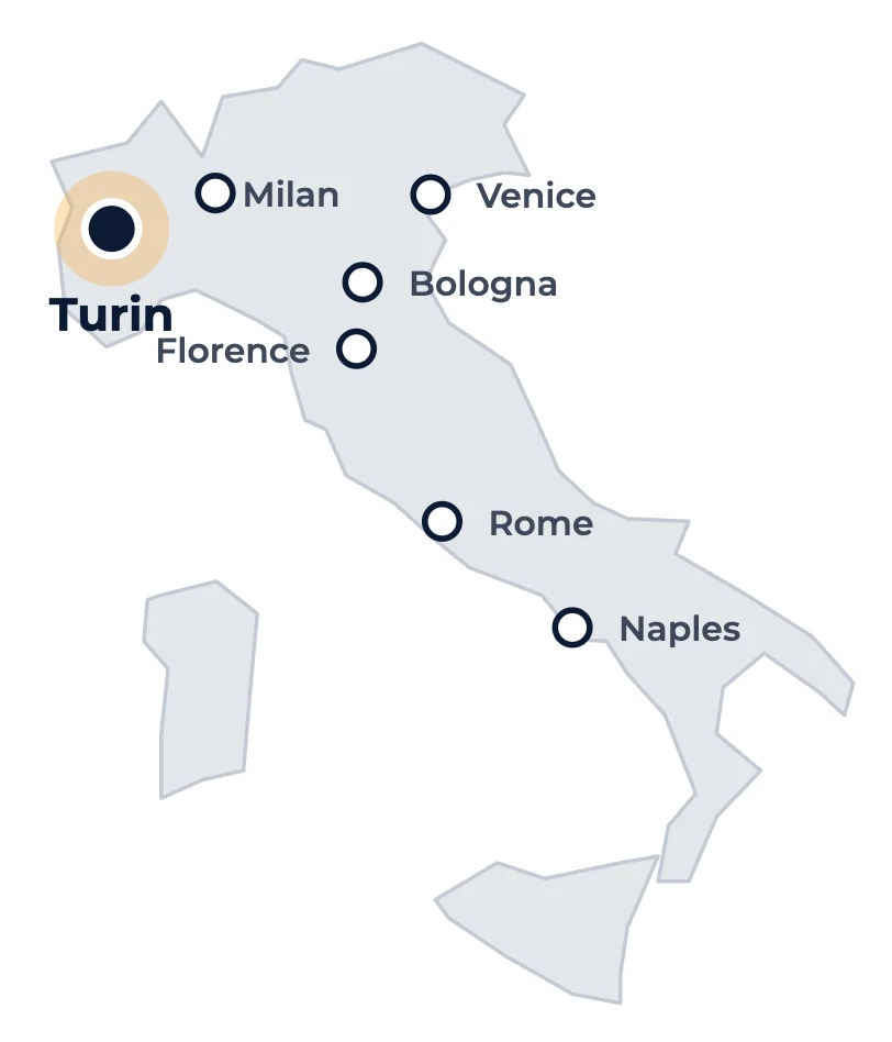 Weekend Competition route map: Turin as example base city and other possible bases: Milan, Venice, Bologna, Florence, Rome, Naples